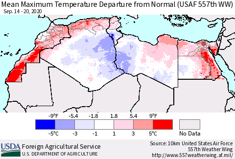 North Africa Mean Maximum Temperature Departure from Normal (USAF 557th WW) Thematic Map For 9/14/2020 - 9/20/2020
