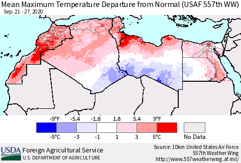 North Africa Mean Maximum Temperature Departure from Normal (USAF 557th WW) Thematic Map For 9/21/2020 - 9/27/2020