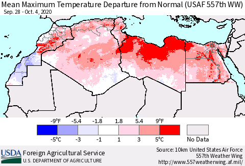 North Africa Mean Maximum Temperature Departure from Normal (USAF 557th WW) Thematic Map For 9/28/2020 - 10/4/2020