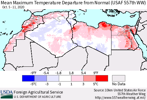 North Africa Mean Maximum Temperature Departure from Normal (USAF 557th WW) Thematic Map For 10/5/2020 - 10/11/2020