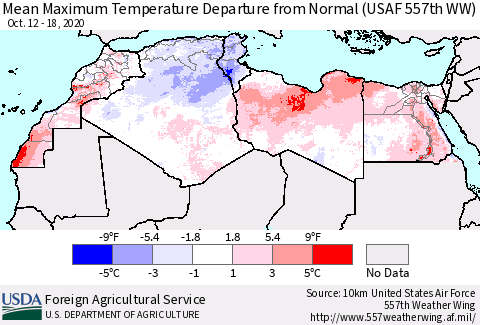 North Africa Mean Maximum Temperature Departure from Normal (USAF 557th WW) Thematic Map For 10/12/2020 - 10/18/2020