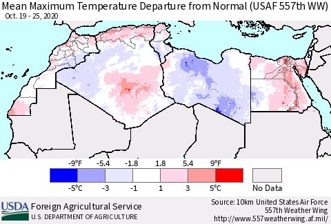 North Africa Mean Maximum Temperature Departure from Normal (USAF 557th WW) Thematic Map For 10/19/2020 - 10/25/2020
