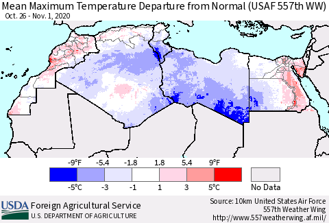 North Africa Mean Maximum Temperature Departure from Normal (USAF 557th WW) Thematic Map For 10/26/2020 - 11/1/2020