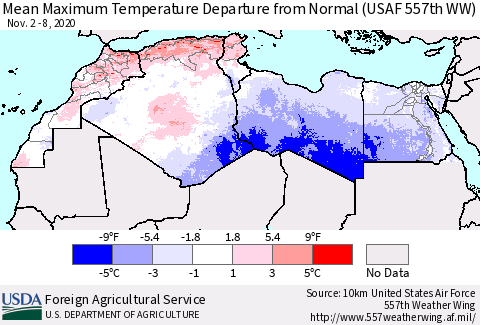 North Africa Mean Maximum Temperature Departure from Normal (USAF 557th WW) Thematic Map For 11/2/2020 - 11/8/2020