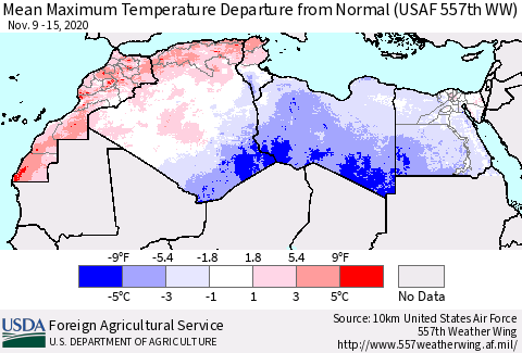 North Africa Mean Maximum Temperature Departure from Normal (USAF 557th WW) Thematic Map For 11/9/2020 - 11/15/2020