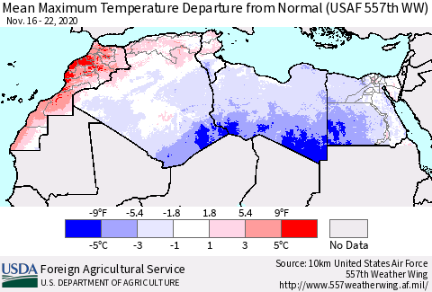 North Africa Mean Maximum Temperature Departure from Normal (USAF 557th WW) Thematic Map For 11/16/2020 - 11/22/2020