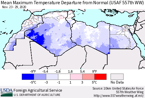 North Africa Mean Maximum Temperature Departure from Normal (USAF 557th WW) Thematic Map For 11/23/2020 - 11/29/2020