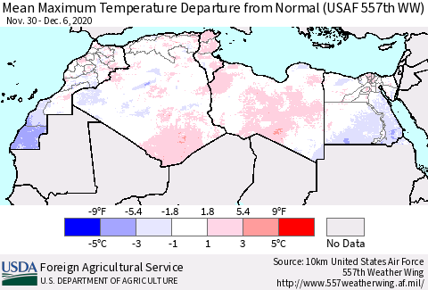 North Africa Mean Maximum Temperature Departure from Normal (USAF 557th WW) Thematic Map For 11/30/2020 - 12/6/2020