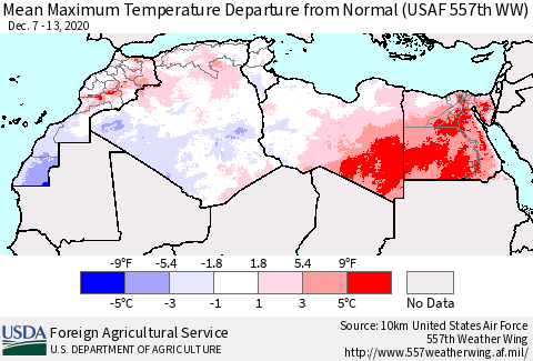 North Africa Mean Maximum Temperature Departure from Normal (USAF 557th WW) Thematic Map For 12/7/2020 - 12/13/2020