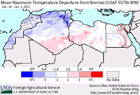 North Africa Mean Maximum Temperature Departure from Normal (USAF 557th WW) Thematic Map For 12/28/2020 - 1/3/2021