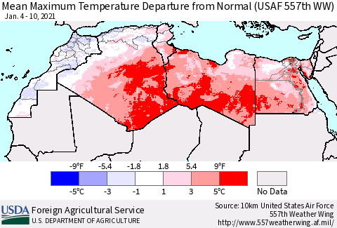 North Africa Mean Maximum Temperature Departure from Normal (USAF 557th WW) Thematic Map For 1/4/2021 - 1/10/2021