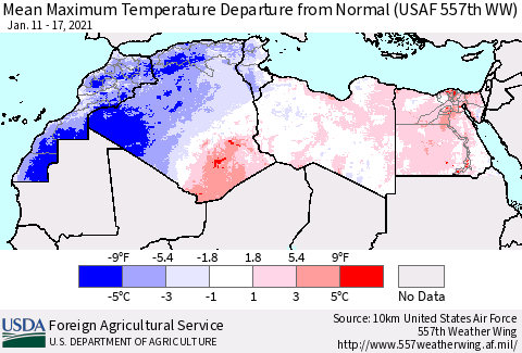 North Africa Mean Maximum Temperature Departure from Normal (USAF 557th WW) Thematic Map For 1/11/2021 - 1/17/2021