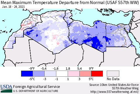 North Africa Mean Maximum Temperature Departure from Normal (USAF 557th WW) Thematic Map For 1/18/2021 - 1/24/2021