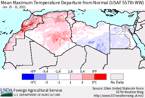 North Africa Mean Maximum Temperature Departure from Normal (USAF 557th WW) Thematic Map For 1/25/2021 - 1/31/2021