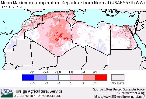 North Africa Mean Maximum Temperature Departure from Normal (USAF 557th WW) Thematic Map For 2/1/2021 - 2/7/2021