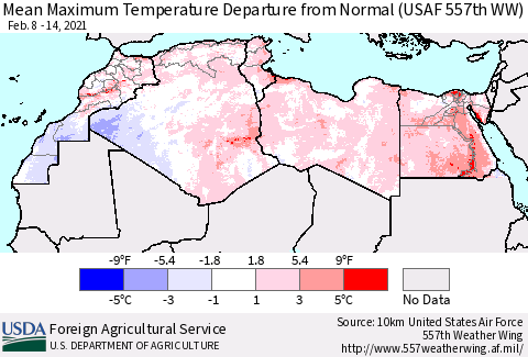 North Africa Mean Maximum Temperature Departure from Normal (USAF 557th WW) Thematic Map For 2/8/2021 - 2/14/2021