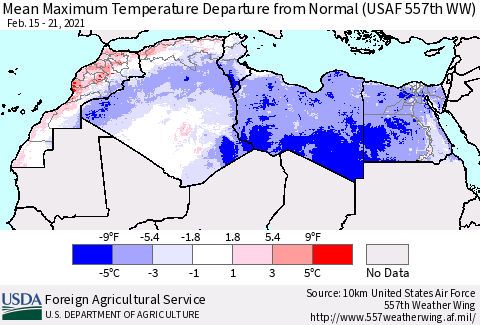 North Africa Mean Maximum Temperature Departure from Normal (USAF 557th WW) Thematic Map For 2/15/2021 - 2/21/2021