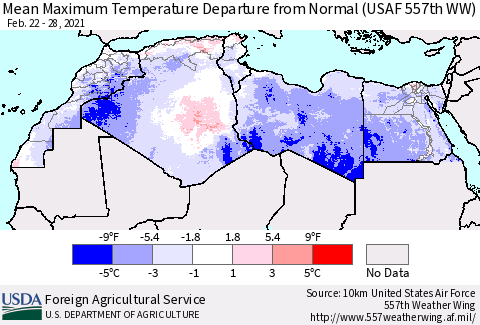 North Africa Mean Maximum Temperature Departure from Normal (USAF 557th WW) Thematic Map For 2/22/2021 - 2/28/2021