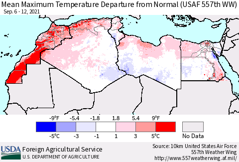 North Africa Mean Maximum Temperature Departure from Normal (USAF 557th WW) Thematic Map For 9/6/2021 - 9/12/2021