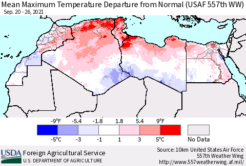 North Africa Mean Maximum Temperature Departure from Normal (USAF 557th WW) Thematic Map For 9/20/2021 - 9/26/2021