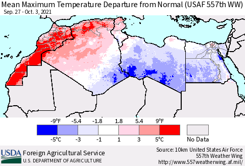 North Africa Mean Maximum Temperature Departure from Normal (USAF 557th WW) Thematic Map For 9/27/2021 - 10/3/2021