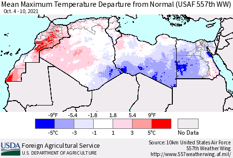 North Africa Mean Maximum Temperature Departure from Normal (USAF 557th WW) Thematic Map For 10/4/2021 - 10/10/2021