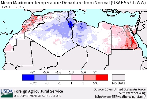 North Africa Mean Maximum Temperature Departure from Normal (USAF 557th WW) Thematic Map For 10/11/2021 - 10/17/2021