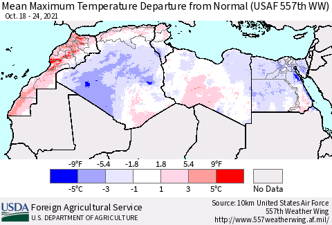North Africa Mean Maximum Temperature Departure from Normal (USAF 557th WW) Thematic Map For 10/18/2021 - 10/24/2021