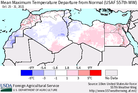 North Africa Mean Maximum Temperature Departure from Normal (USAF 557th WW) Thematic Map For 10/25/2021 - 10/31/2021