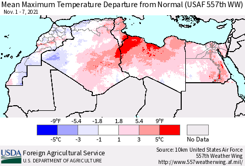 North Africa Mean Maximum Temperature Departure from Normal (USAF 557th WW) Thematic Map For 11/1/2021 - 11/7/2021