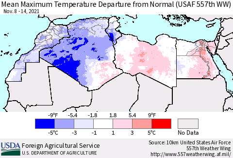 North Africa Mean Maximum Temperature Departure from Normal (USAF 557th WW) Thematic Map For 11/8/2021 - 11/14/2021