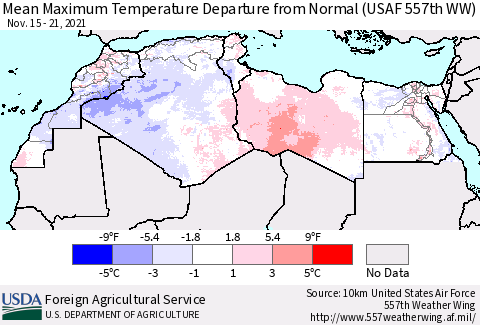 North Africa Mean Maximum Temperature Departure from Normal (USAF 557th WW) Thematic Map For 11/15/2021 - 11/21/2021
