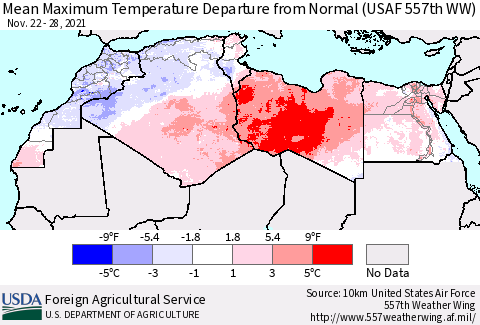 North Africa Mean Maximum Temperature Departure from Normal (USAF 557th WW) Thematic Map For 11/22/2021 - 11/28/2021
