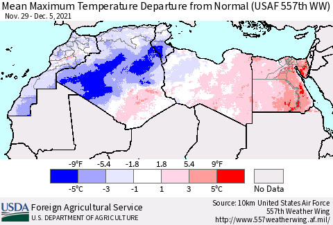 North Africa Mean Maximum Temperature Departure from Normal (USAF 557th WW) Thematic Map For 11/29/2021 - 12/5/2021