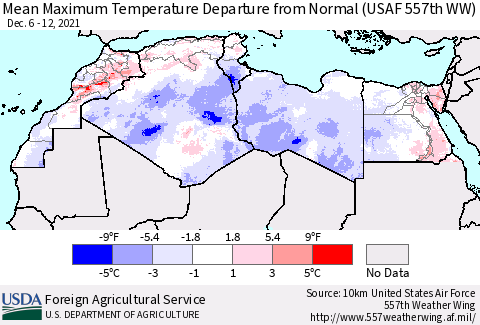 North Africa Mean Maximum Temperature Departure from Normal (USAF 557th WW) Thematic Map For 12/6/2021 - 12/12/2021