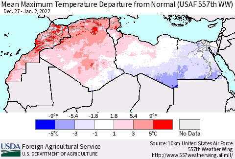 North Africa Mean Maximum Temperature Departure from Normal (USAF 557th WW) Thematic Map For 12/27/2021 - 1/2/2022