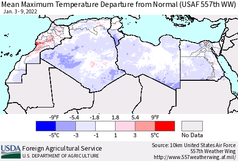North Africa Mean Maximum Temperature Departure from Normal (USAF 557th WW) Thematic Map For 1/3/2022 - 1/9/2022