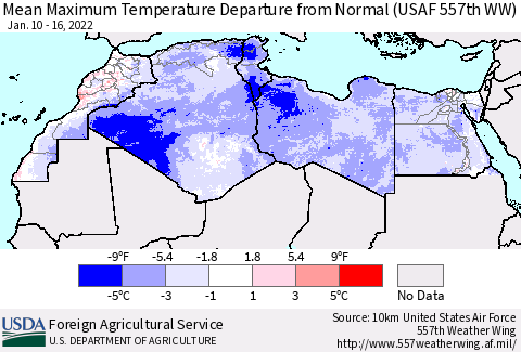 North Africa Mean Maximum Temperature Departure from Normal (USAF 557th WW) Thematic Map For 1/10/2022 - 1/16/2022