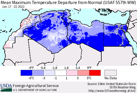 North Africa Mean Maximum Temperature Departure from Normal (USAF 557th WW) Thematic Map For 1/17/2022 - 1/23/2022