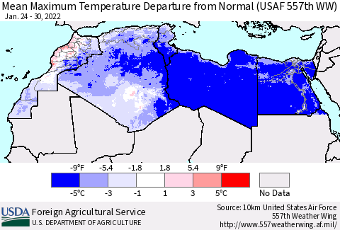 North Africa Mean Maximum Temperature Departure from Normal (USAF 557th WW) Thematic Map For 1/24/2022 - 1/30/2022