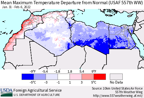North Africa Mean Maximum Temperature Departure from Normal (USAF 557th WW) Thematic Map For 1/31/2022 - 2/6/2022