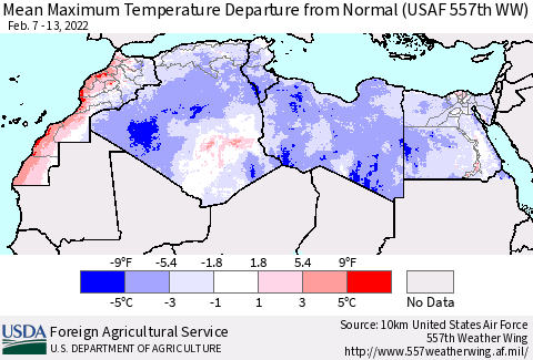 North Africa Mean Maximum Temperature Departure from Normal (USAF 557th WW) Thematic Map For 2/7/2022 - 2/13/2022
