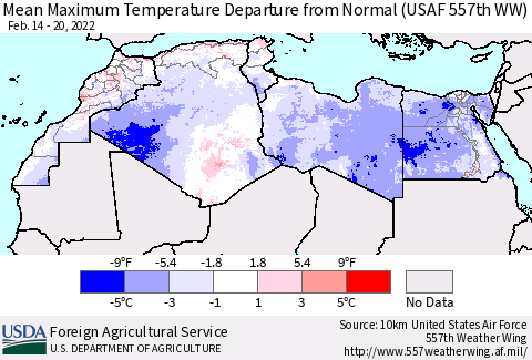 North Africa Mean Maximum Temperature Departure from Normal (USAF 557th WW) Thematic Map For 2/14/2022 - 2/20/2022
