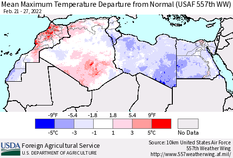North Africa Mean Maximum Temperature Departure from Normal (USAF 557th WW) Thematic Map For 2/21/2022 - 2/27/2022