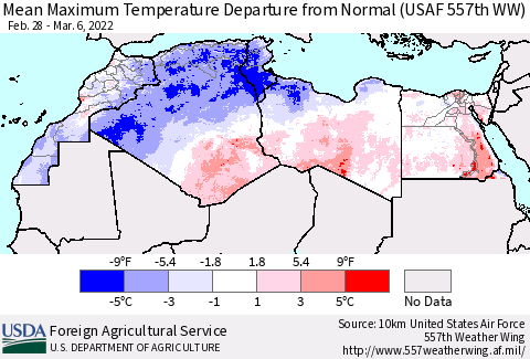 North Africa Mean Maximum Temperature Departure from Normal (USAF 557th WW) Thematic Map For 2/28/2022 - 3/6/2022