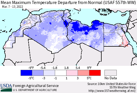 North Africa Mean Maximum Temperature Departure from Normal (USAF 557th WW) Thematic Map For 3/7/2022 - 3/13/2022