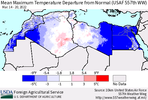North Africa Mean Maximum Temperature Departure from Normal (USAF 557th WW) Thematic Map For 3/14/2022 - 3/20/2022