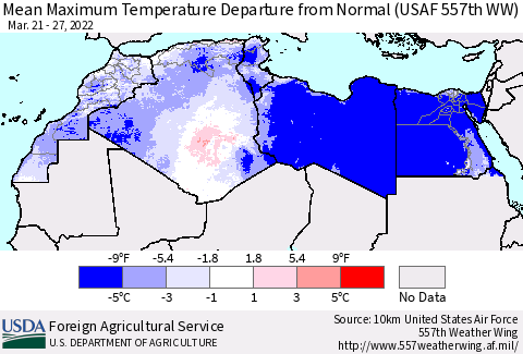 North Africa Mean Maximum Temperature Departure from Normal (USAF 557th WW) Thematic Map For 3/21/2022 - 3/27/2022