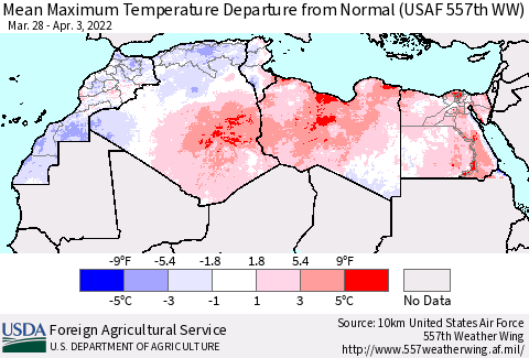 North Africa Mean Maximum Temperature Departure from Normal (USAF 557th WW) Thematic Map For 3/28/2022 - 4/3/2022