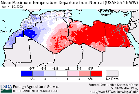 North Africa Mean Maximum Temperature Departure from Normal (USAF 557th WW) Thematic Map For 4/4/2022 - 4/10/2022